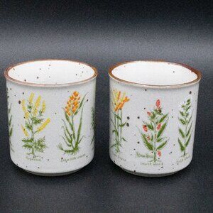 2 Vintage Stoneware Planter Floral Botanical 3" Speckled Plant Pot Drain Hole